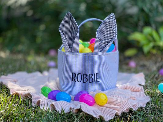Embroidered Blue Seersucker Easter Basket with Bunny Ears