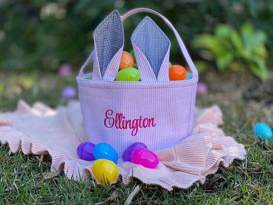 Embroidered Pink Seersucker Easter Basket with Bunny Ears