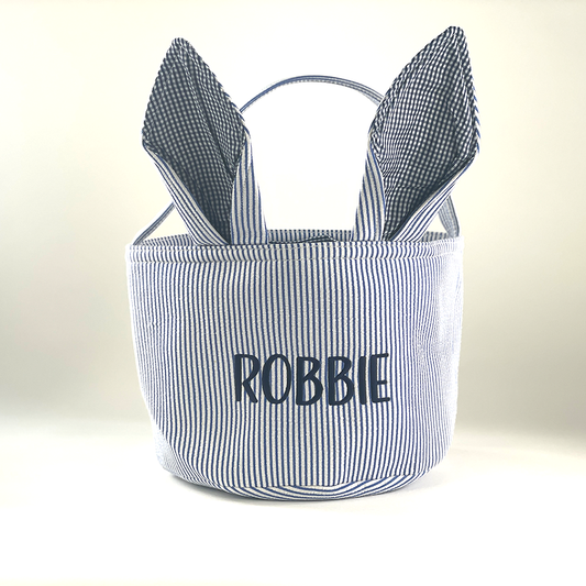 Embroidered Blue Seersucker Easter Basket with Bunny Ears