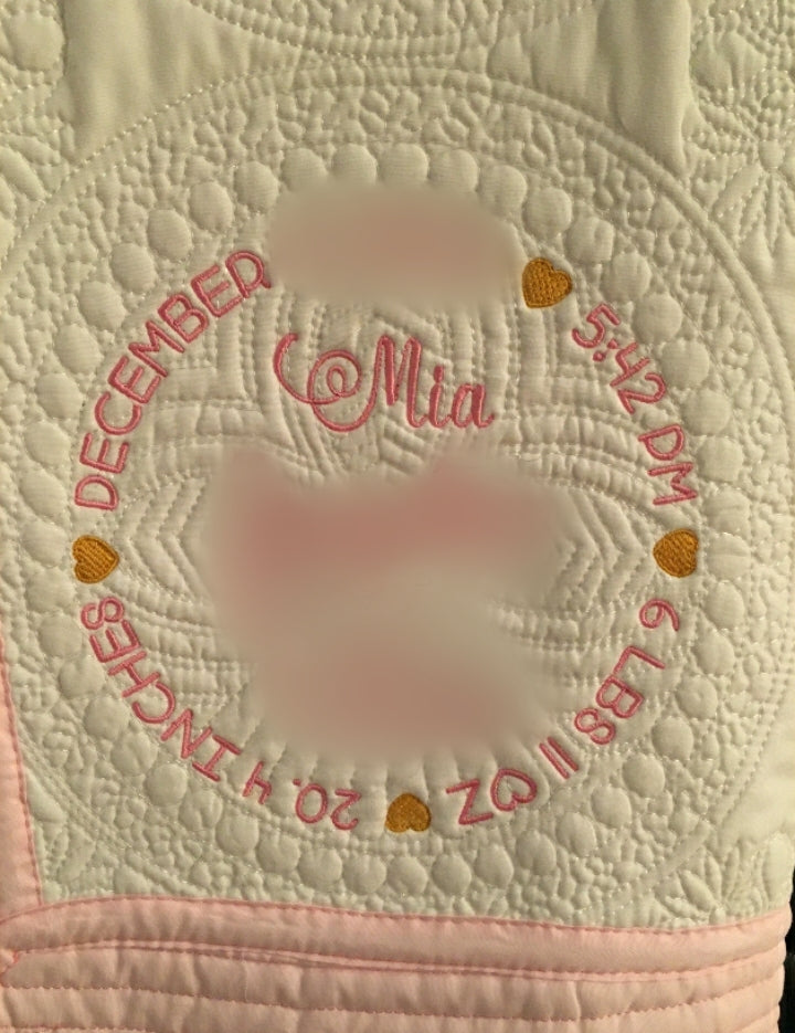 "Birth Stat" (Circle Design) Heirloom Baby Quilt