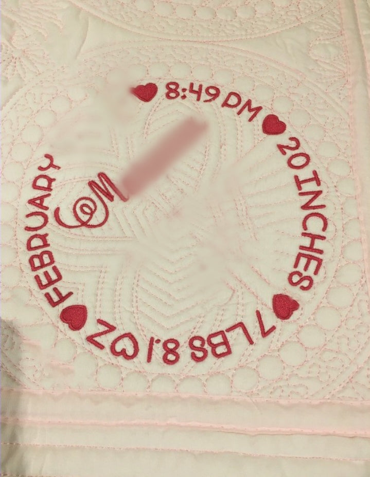 "Birth Stat" (Circle Design) Heirloom Baby Quilt
