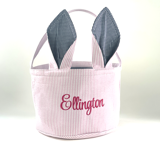 Embroidered Pink Seersucker Easter Basket with Bunny Ears